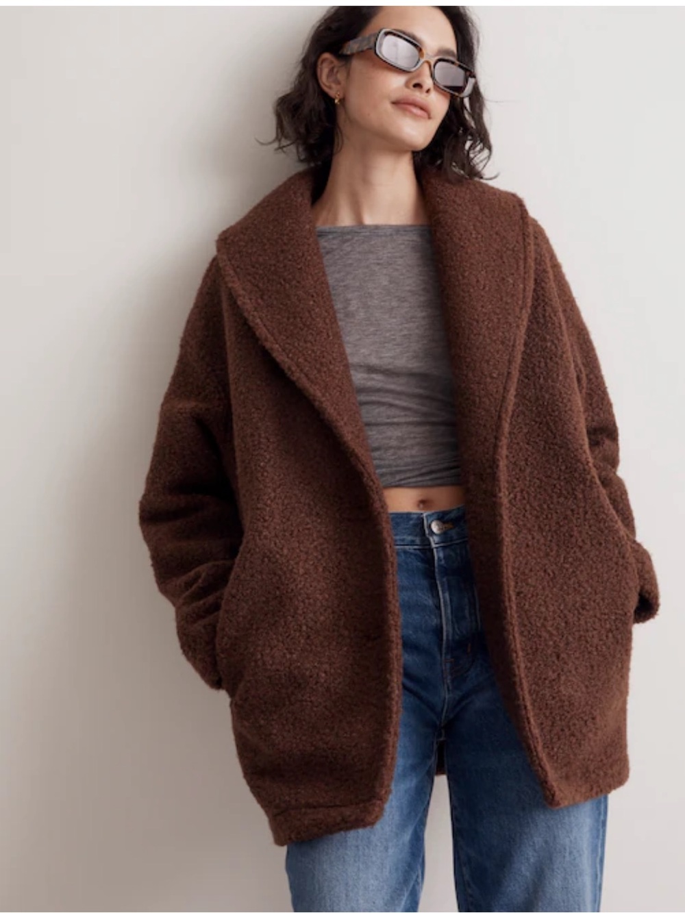 Madewell Pebbled Faux Shearling Shawl Collar Coat Size Small Brown Cozy